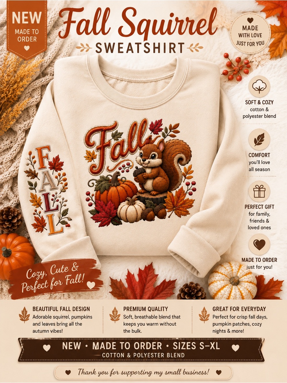 Fall sweatshirt squirrel leaves autumn new S M L XL pick one